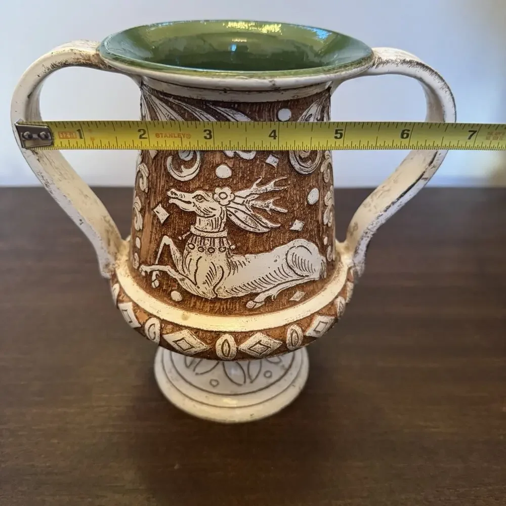 Deruta Italian Pottery Vase La Pinturicchio Sgraffito Handmade Deer Stag Vintage